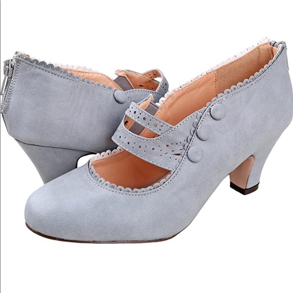 🧡 Chase & Chloe Closed Toe Mary Jane Vintage Heels Gray - Picture 3 of 3